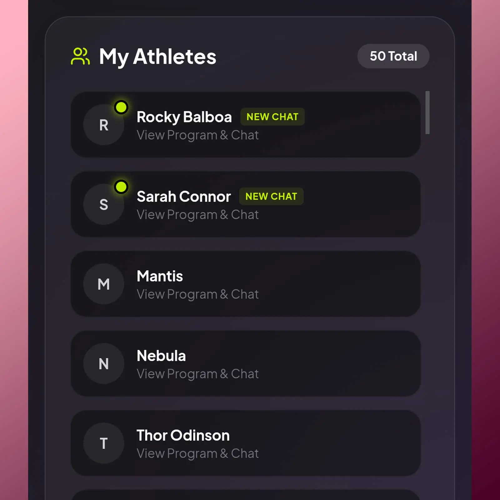 Online fitness coach CRM dashboard showing client roster and AI chat notifications in FIT SCALE