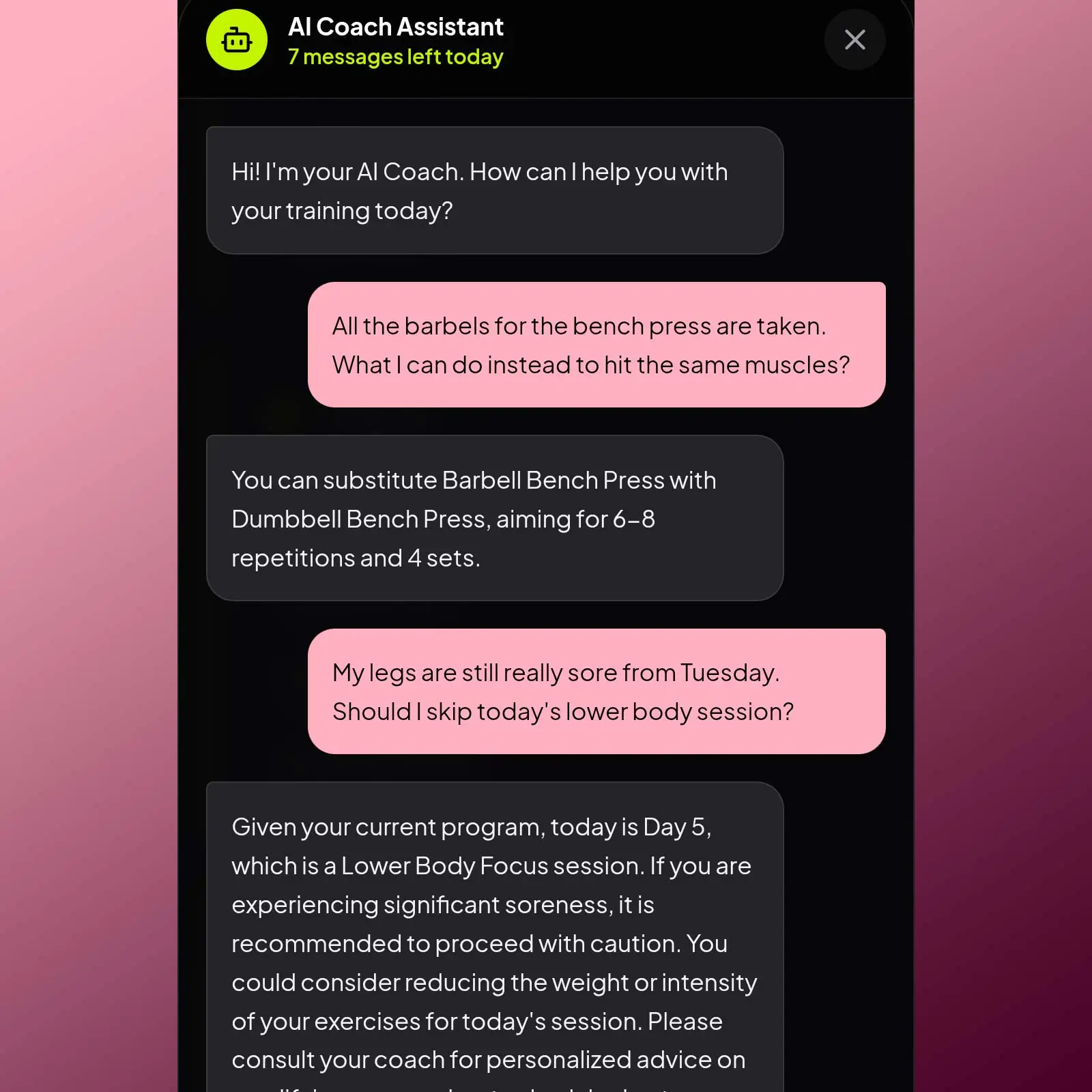 AI fitness assistant answering client questions and ensuring safety in FIT SCALE app