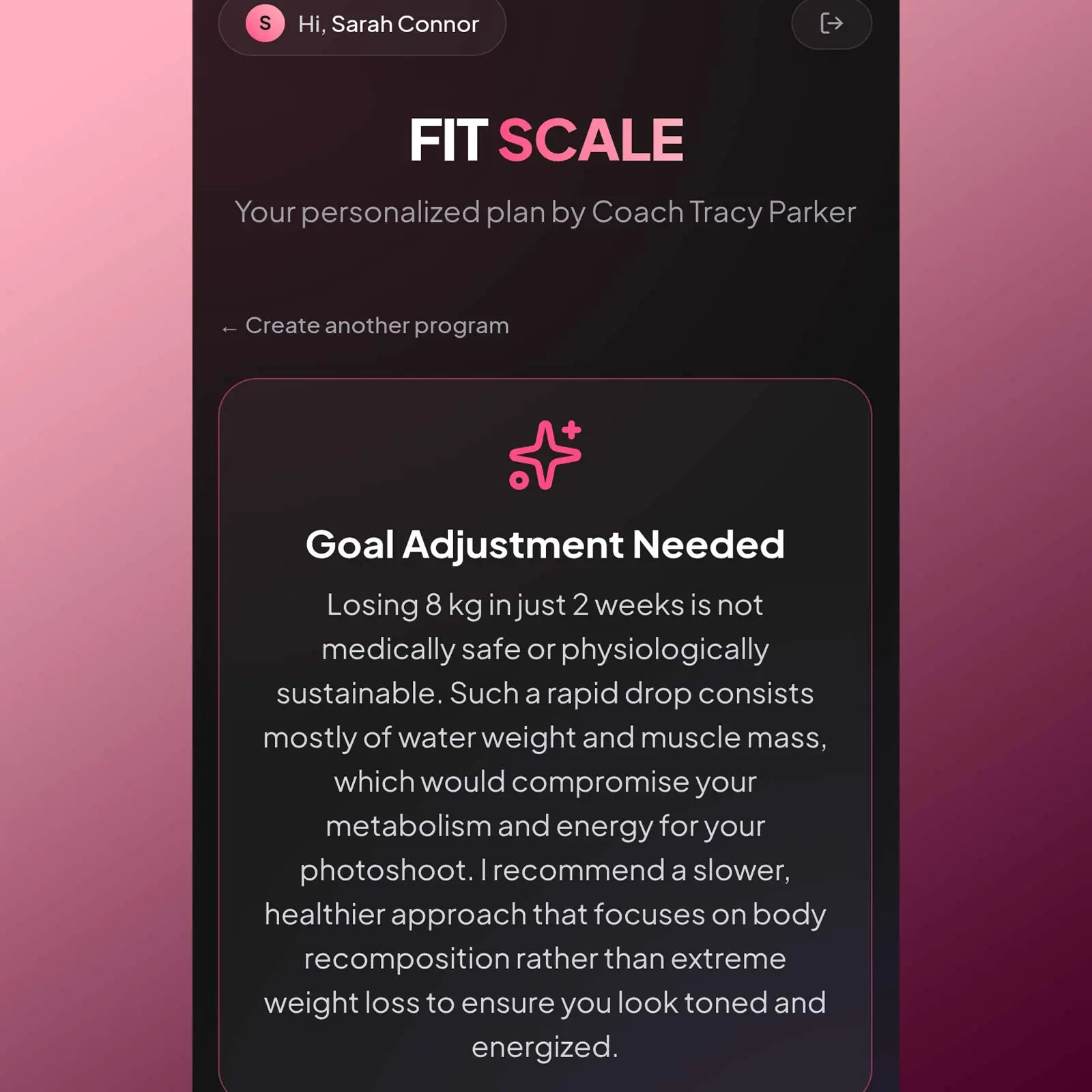 FIT SCALE safety system blocking unsafe training goals to protect client health