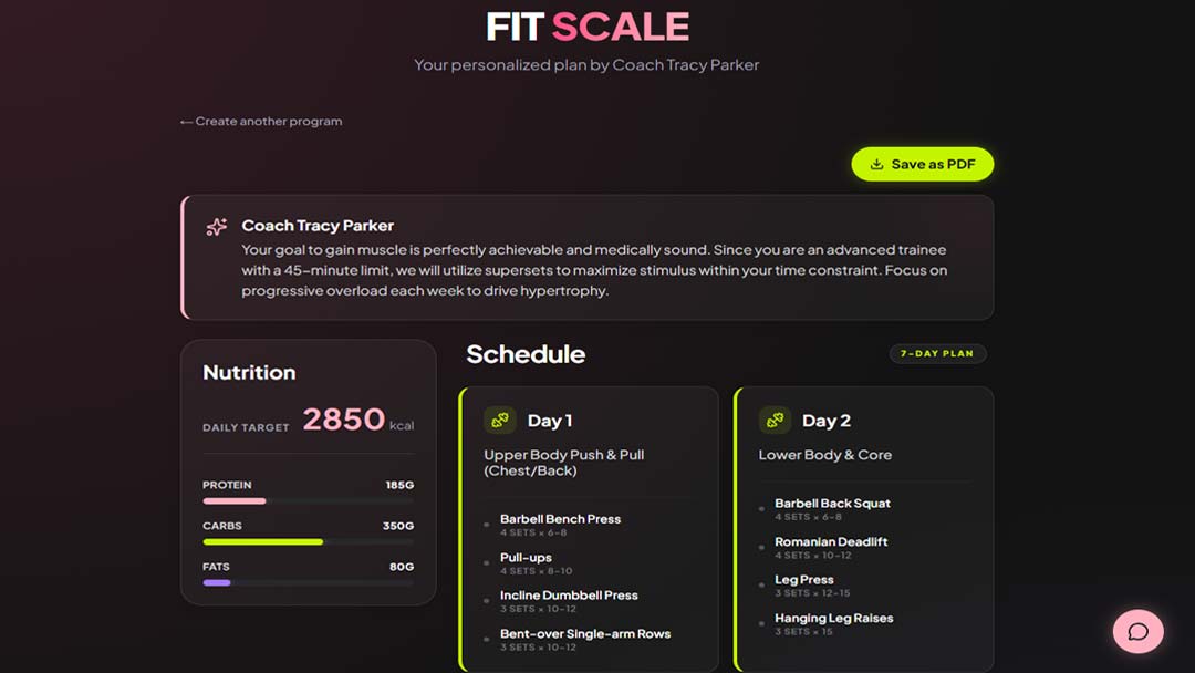 FitScale app training plan interface